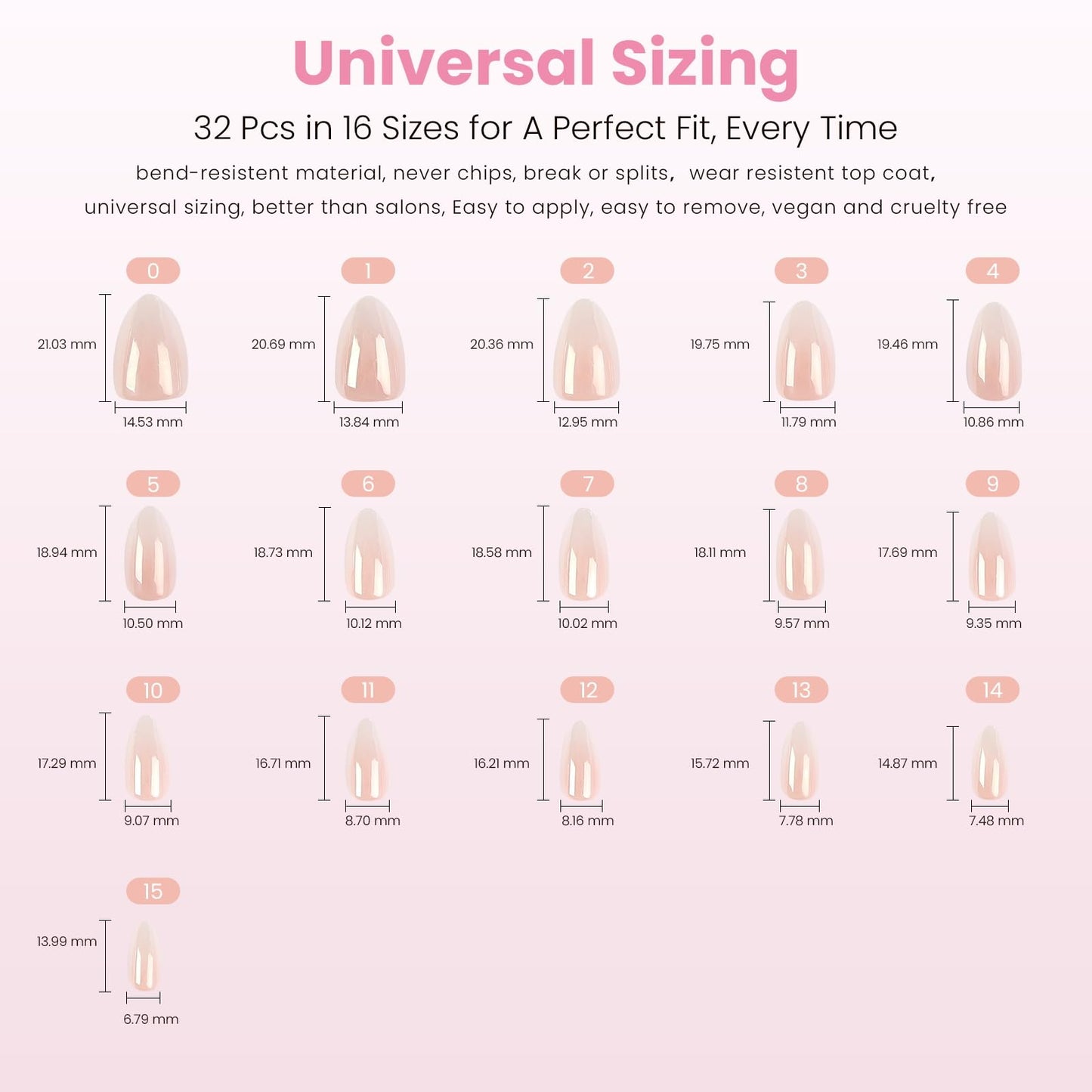 Nail Reformation Almond Nails – Pink Ombre Press On, UV Finish, 32 Tips, 16 Sizes