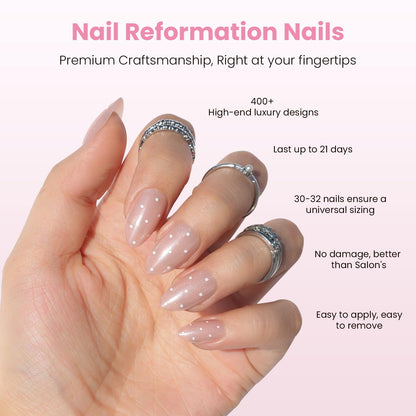 Nail Reformation Polka Dot Press On Nails – Almond, Short Pink with White Dots, UV Finish, 32 Tips (16 Sizes)