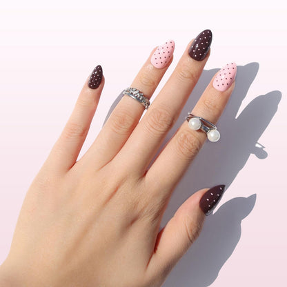 Nail Reformation Polka Dot Almond Press On Nails – Short Pink UV Finish, Reusable, 32 Tips, Glue Included | 16 Sizes
