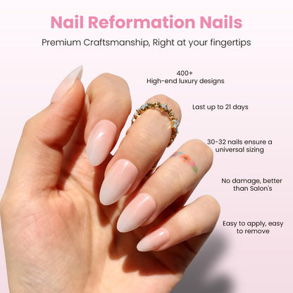Nail Reformation Almond Nails – Pink Ombre Press On, UV Finish, 32 Tips, 16 Sizes