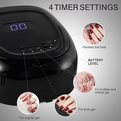 NailFace Cordless 60W UV LED Nail Lamp – Rechargeable Gel Dryer, Auto Sensor (Black)