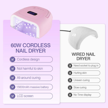 NailFace Cordless 60W UV LED Nail Lamp – Auto Sensor, 4 Timers, Pink