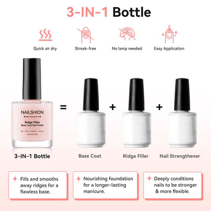 Nailshion Ridge Filler Base Coat – 3-in-1 Nail Strengthener & Nourishing Base