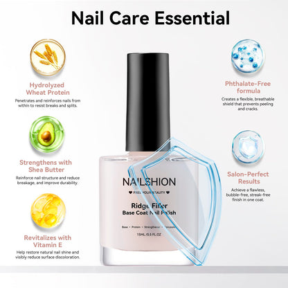 Nailshion Ridge Filler Base Coat 3-in-1 Nail Strengthener – Milky, Vegan, Salon‑Quality at Home