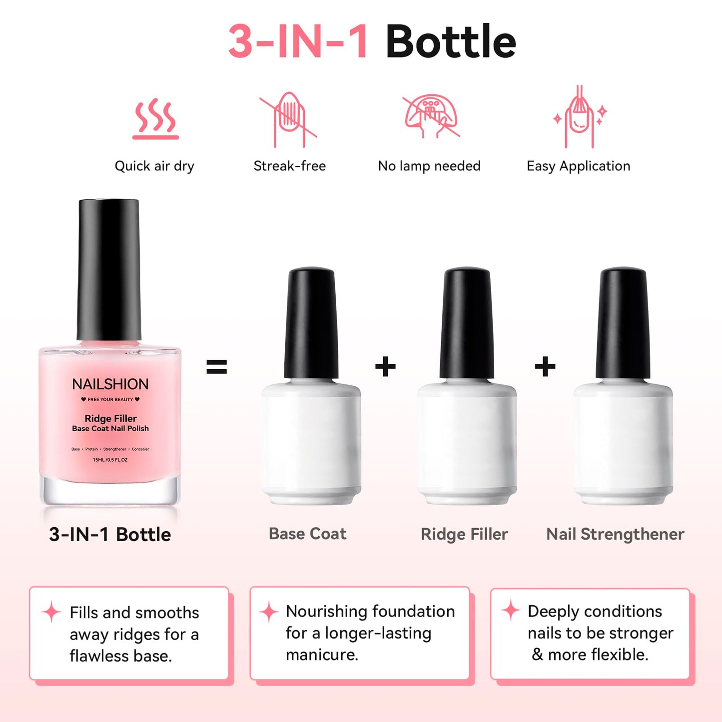Nailshion Nail Ridge Filler Base Coat & Strengthener – VE Protein Formula, 0.5 fl oz