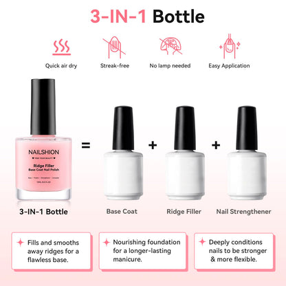 Nailshion Nail Ridge Filler Base Coat & Strengthener – VE Protein Formula, 0.5 fl oz