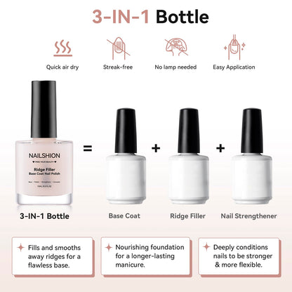 Nailshion Ridge Filler Base Coat 3-in-1 Nail Strengthener – Milky, Vegan, Salon‑Quality at Home