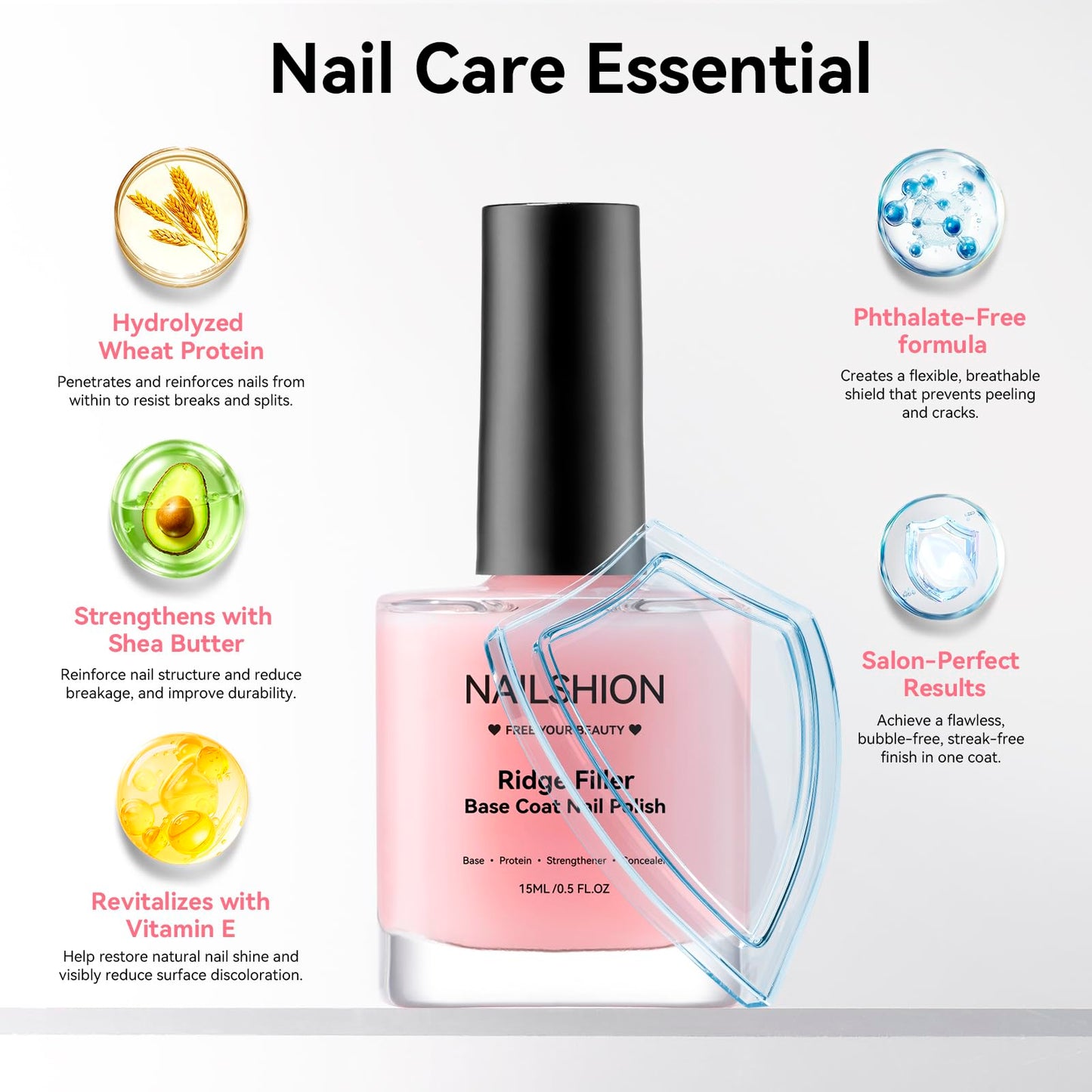 Nailshion Nail Ridge Filler Base Coat & Strengthener – VE Protein Formula, 0.5 fl oz