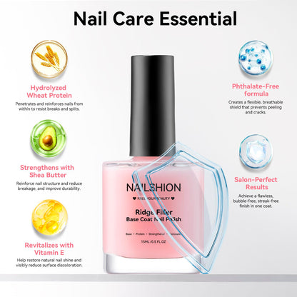 Nailshion Nail Ridge Filler Base Coat & Strengthener – VE Protein Formula, 0.5 fl oz