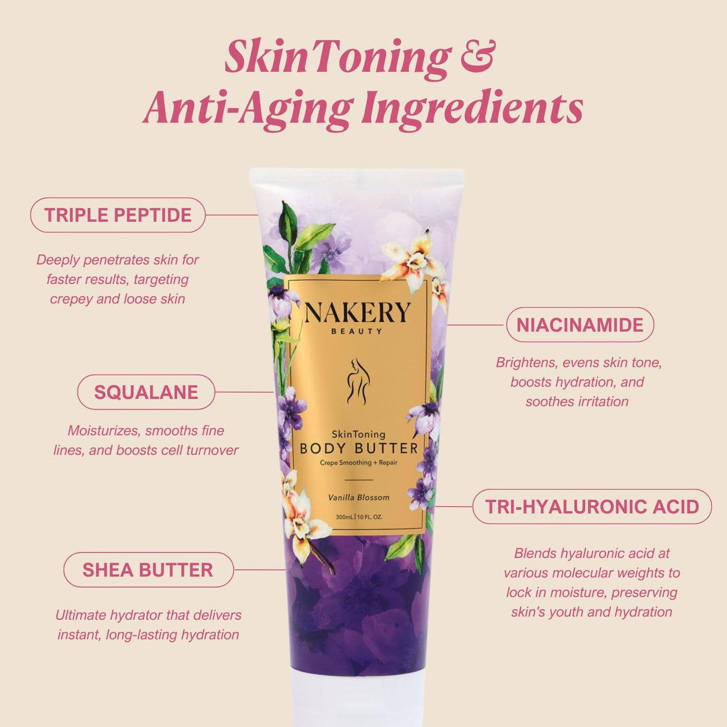 Nakery Skin Toning Body Butter for Women – Peptide Firming Lotion with Vanilla Blossoms
