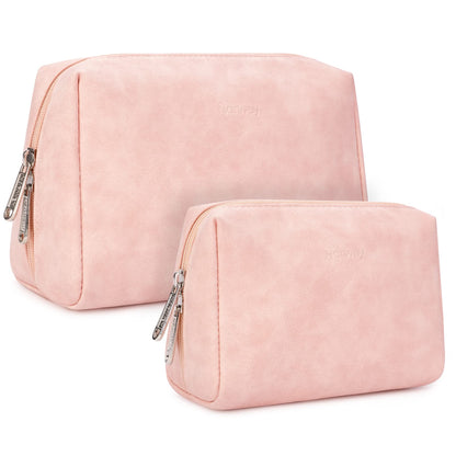 Narwey 2 Pack Vegan Leather Makeup Bags | Large & Small Zipper Pouches for Travel – Orange Pink