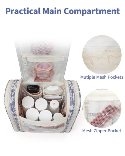 Narwey Small Hanging Toiletry Bag – Medium, Blue Leaf | Travel Makeup Organizer