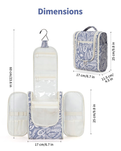 Narwey Small Hanging Toiletry Bag – Medium, Blue Leaf | Travel Makeup Organizer