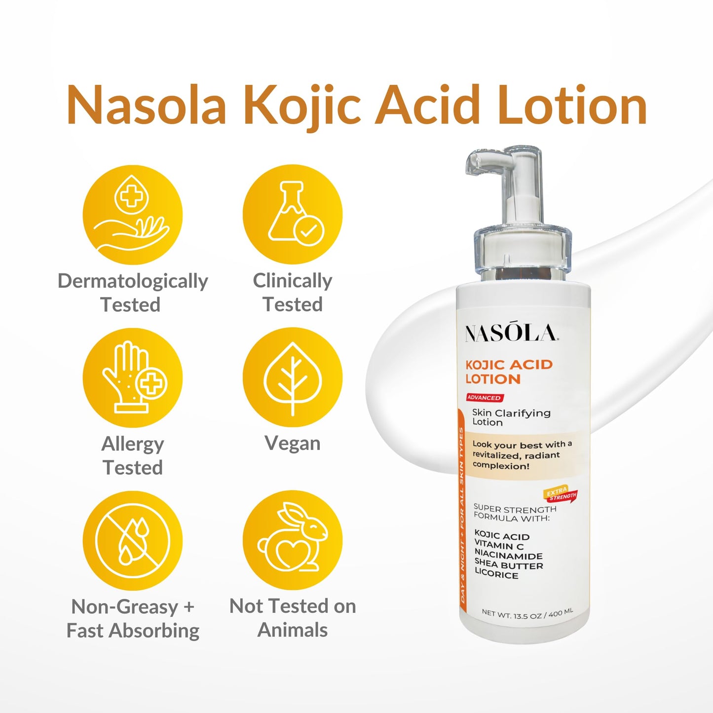 Nasola Kojic Acid Lotion - Natural Skin Clarifying with Vitamin C, Niacinamide & Shea Butter