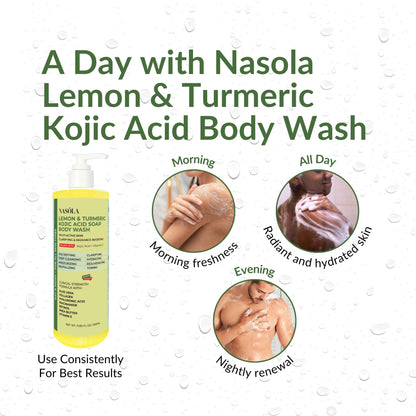Nasola Lemon Turmeric Kojic Acid Soap Body Wash – Gentle Brightening Cleanser, 11.83 fl oz