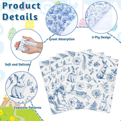 NatNarr 100 Pcs Easter Napkins – Blue Bunny Chinoiserie, Folded 5x5in