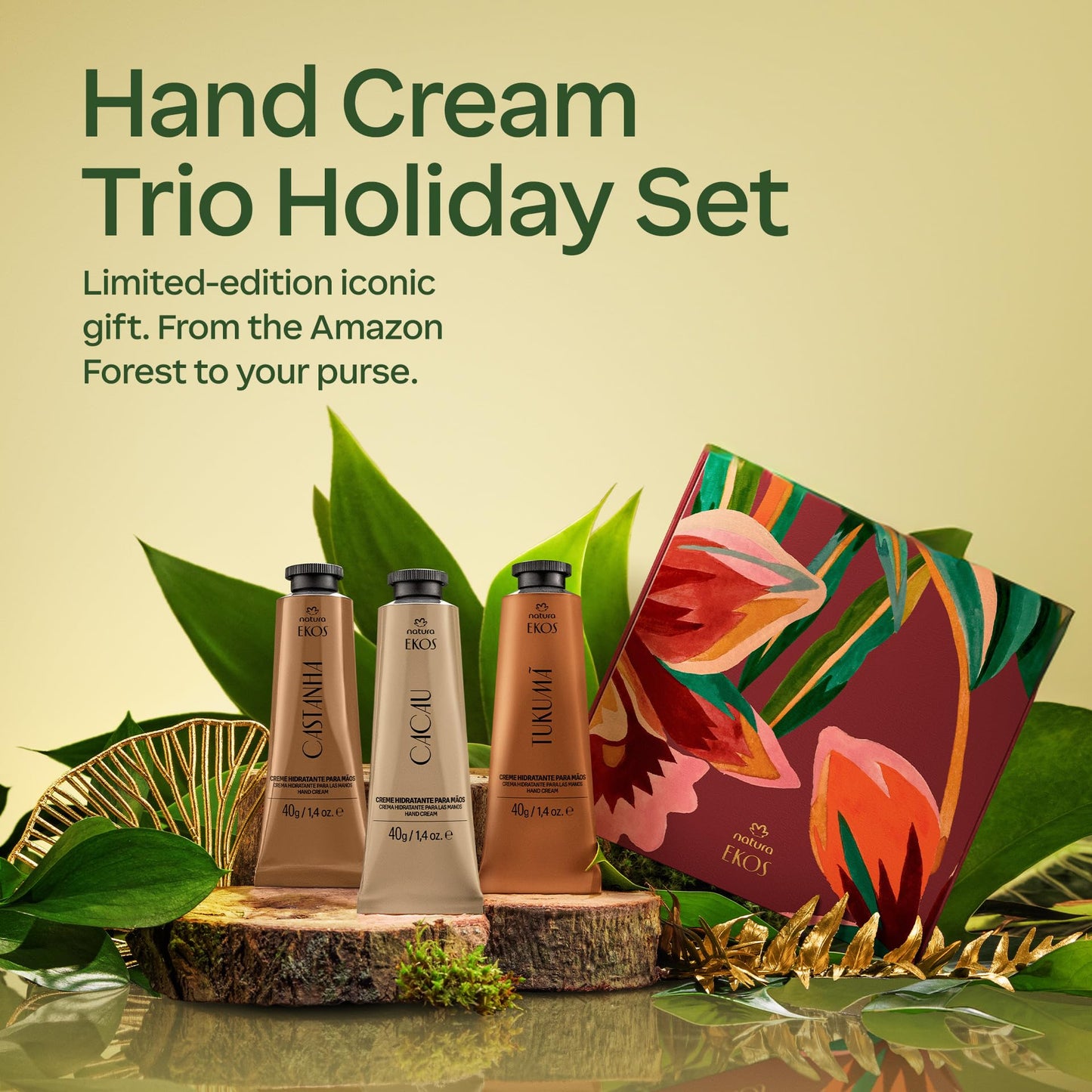 Natura Ekos Hand Cream Trio – 3x40g Vegan Gift Set (Brazil Nut, Tukumã, Cacau)