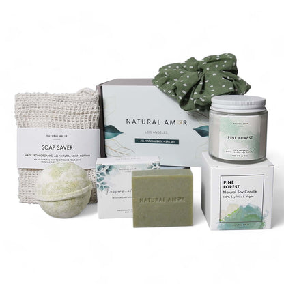 Natural Amor Green Spa Gift Set for Women – Peppermint Soap, Bath Bomb, Pine Candle & More
