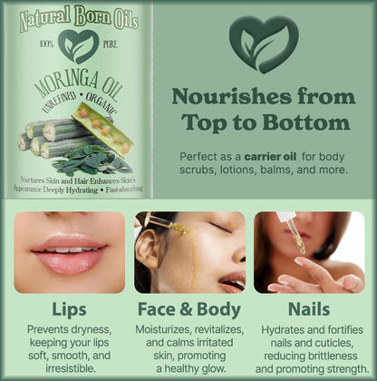Natural Born Oils Moringa Oil – Organic Cold-Pressed 8oz, Rich in Vitamins A & C, Moisturizes Skin & Hair