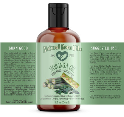 Natural Born Oils Moringa Oil – Organic Cold-Pressed 8oz, Rich in Vitamins A & C, Moisturizes Skin & Hair
