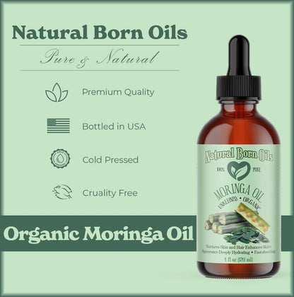 Natural Born Oils Moringa Oil – Organic Cold-Pressed 8oz, Rich in Vitamins A & C, Moisturizes Skin & Hair