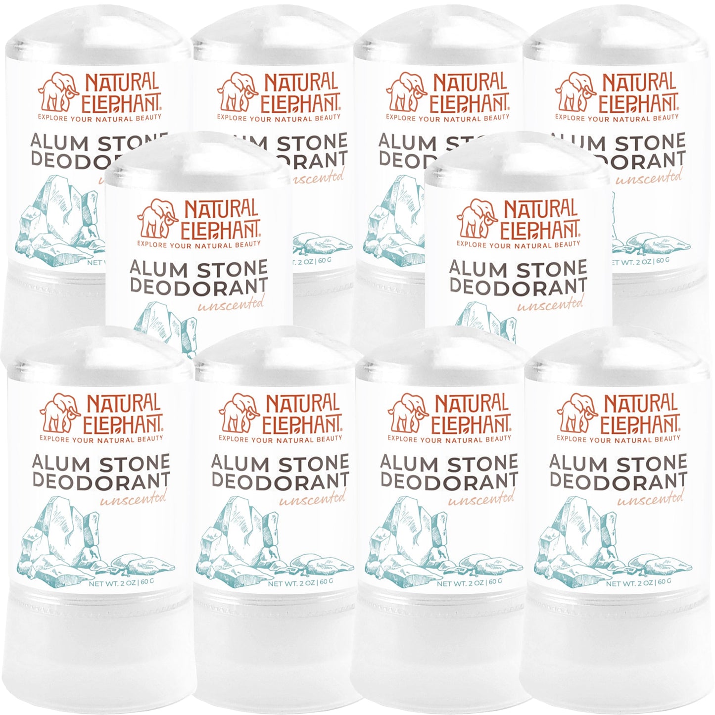 Natural Elephant Alum Stone Deodorant Stick 60g – Unscented, Aluminum-Free Salt Stone for Men & Women (10 Pack)