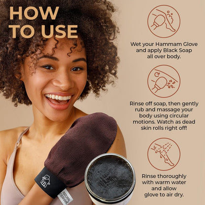 Natural Elephant Moroccan Black Soap 200g + Exfoliating Hammam Glove (Pure Black)