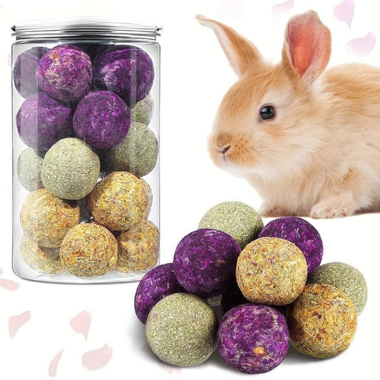 Natural Flower Flavored Timothy Hay Chew Balls 30Pcs - for Rabbits, Hamsters, Guinea Pigs, and Rats