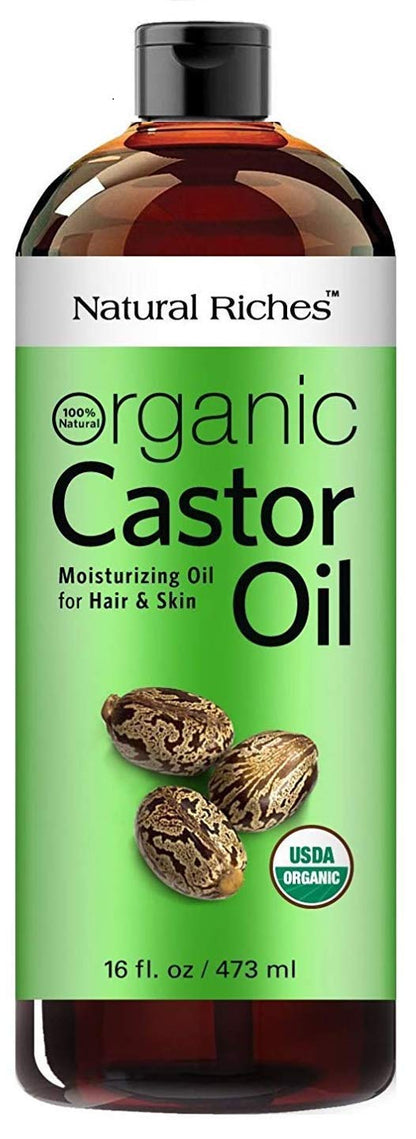 Natural Riches Organic Castor Oil – Cold-Pressed, USDA Organic, Hexane-Free, 16 oz for Hair, Skin & Lash Care