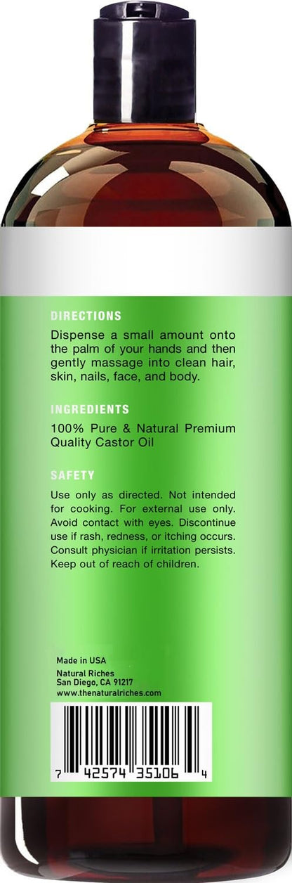Natural Riches Organic Castor Oil – Cold-Pressed, USDA Organic, Hexane-Free, 16 oz for Hair, Skin & Lash Care