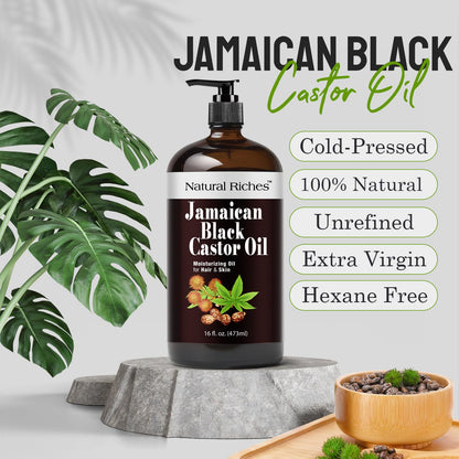 Natural Riches Jamaican Black Castor Oil – Organic Cold-Pressed, Glass Bottle, 16 oz for Hair, Skin, Lashes