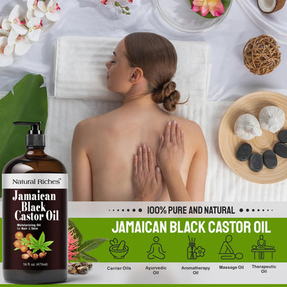 Natural Riches Jamaican Black Castor Oil – Organic Cold-Pressed, Glass Bottle, 16 oz for Hair, Skin, Lashes