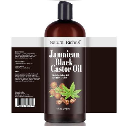 Natural Riches Jamaican Black Castor Oil – Organic Cold-Pressed, 16 oz for Hair, Skin, Lashes