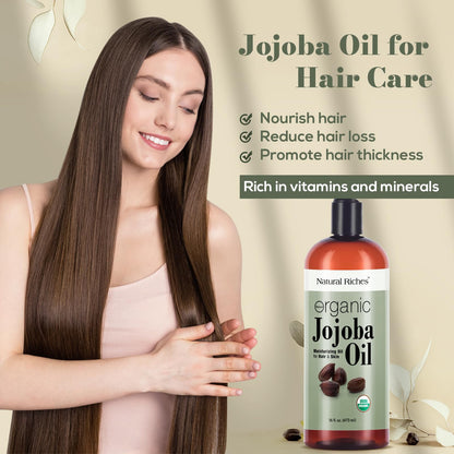 Natural Riches Organic Jojoba Oil, 16 oz | Pure, Cold-Pressed Carrier Oil for Face, Hair & Nails