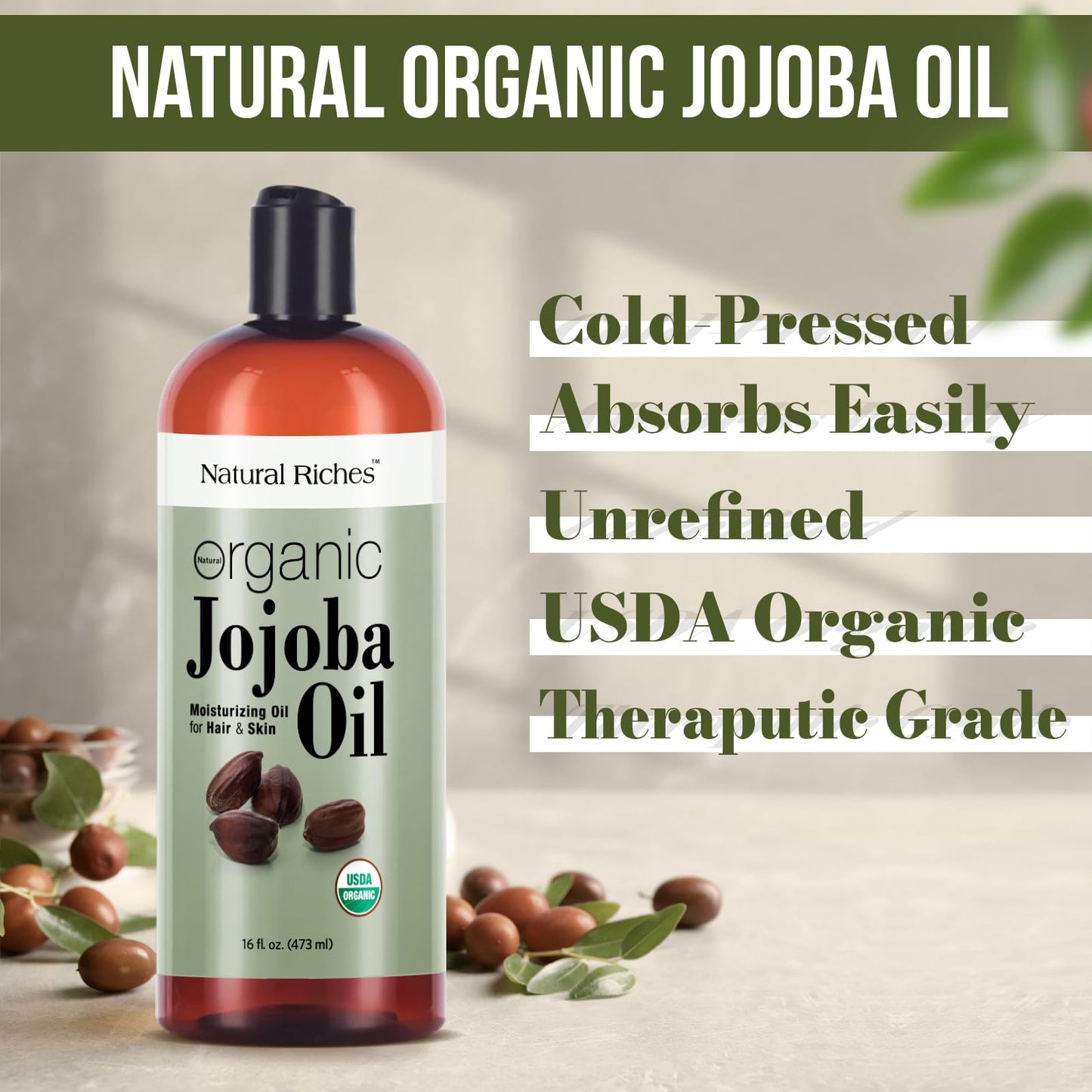 Natural Riches Organic Jojoba Oil, 16 oz | Pure, Cold-Pressed Carrier Oil for Face, Hair & Nails