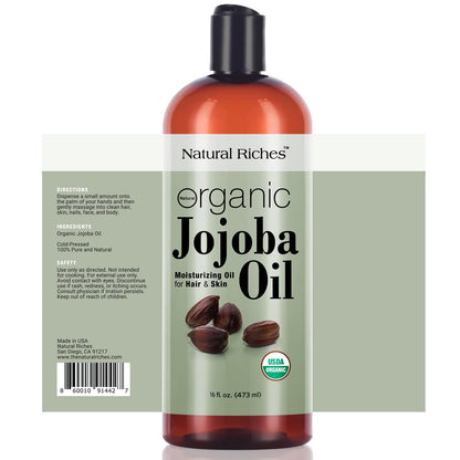 Natural Riches Organic Jojoba Oil, 16 oz | Pure, Cold-Pressed Carrier Oil for Face, Hair & Nails
