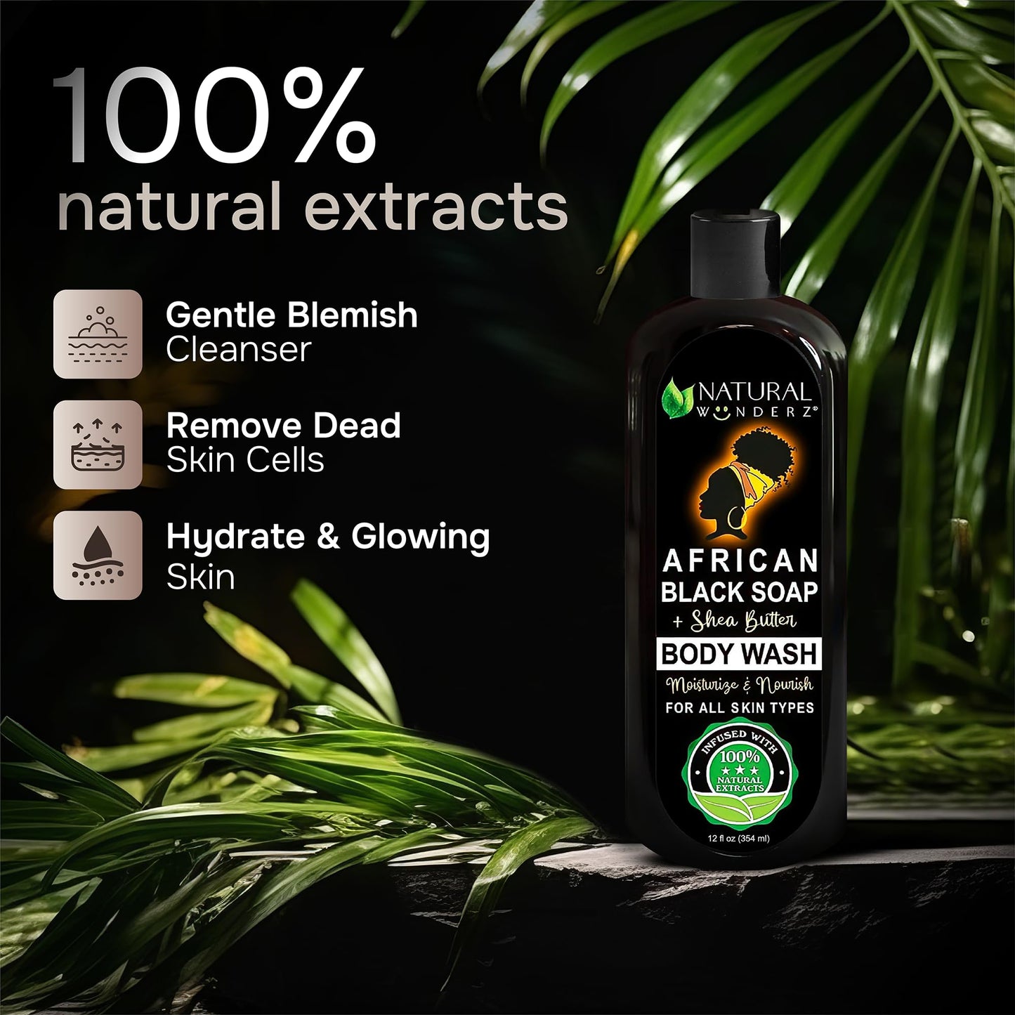 Natural Wunderz African Black Soap Body Wash 12 oz – Sulfate-Free Vegan Cleanser with Shea Butter