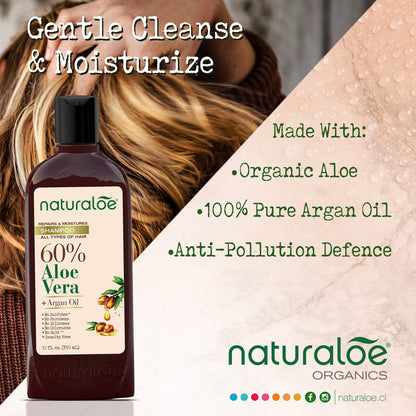 Naturaloe Repairs & Moistures Shampoo + Conditioner – 100% Vegan, Aloe Vera & Argan Oil, 24 fl oz