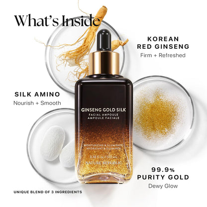 Nature Republic Ginseng Gold Silk Facial Ampoule – Hydrating Glow with Niacinamide & Silk Amino Acids, 100 ml