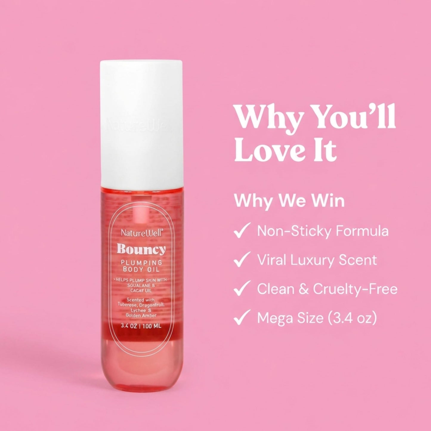 NATURE WELL Bouncy Plumping Body Oil – Fast-Absorbing Hydration for Elasticity and Bounce | 3.4 Oz