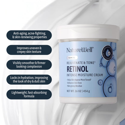 NATURE WELL Clinical Retinol Advanced Moisture Cream for Face, Body & Hands — 10 oz, Non-Greasy Hydration