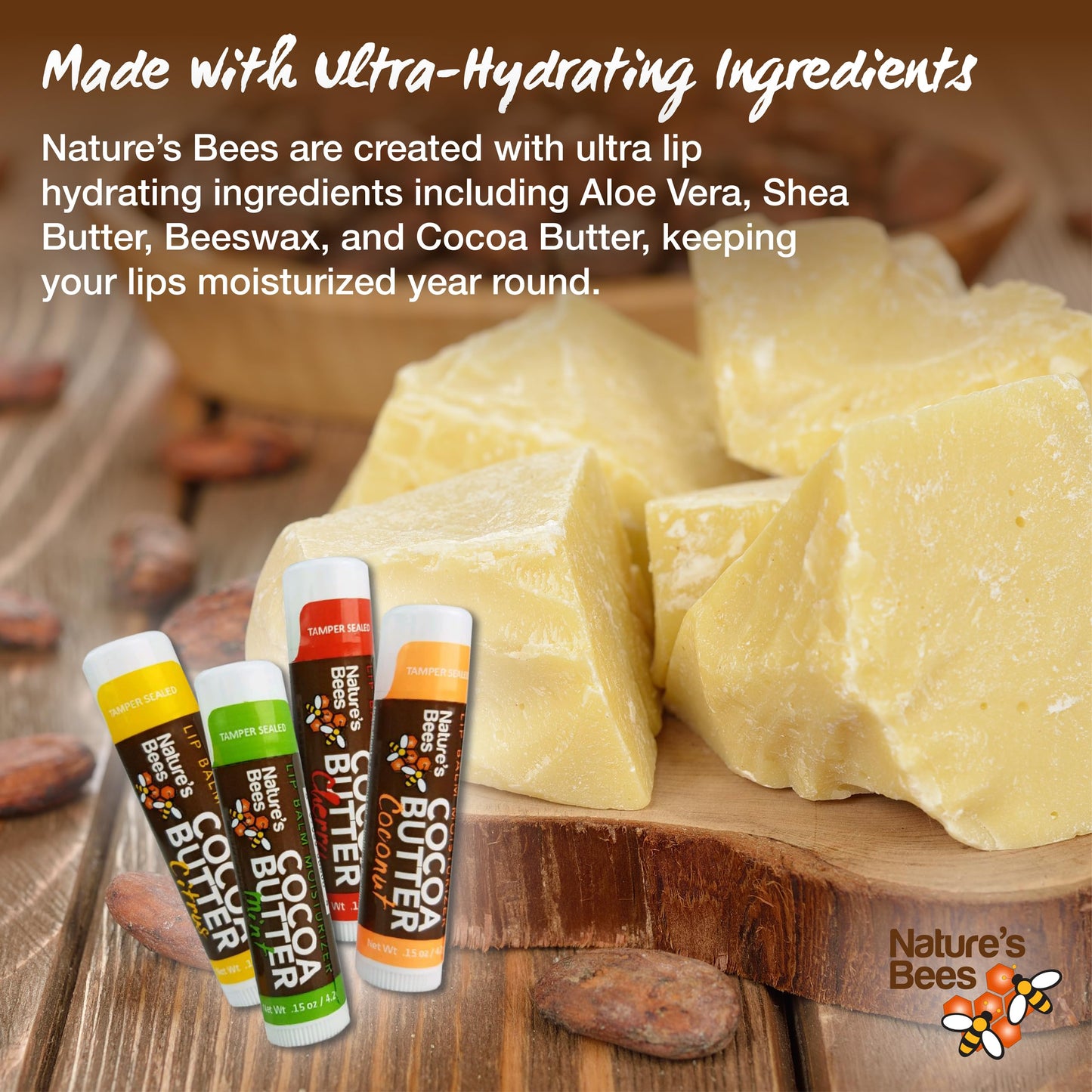 Nature's Bees Cocoa Butter Lip Balm 24-Pack – Citrus, Coconut, Cherry & Mint