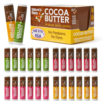 Nature’s Bees Cocoa Butter Lip Balm 24-Pack — 4 Original Flavors with Coconut Oil & Vitamin E