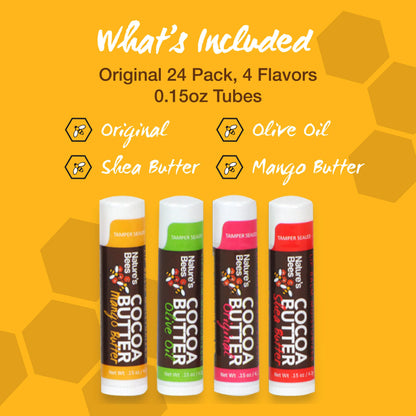 Nature’s Bees Cocoa Butter Lip Balm 24-Pack — 4 Original Flavors with Coconut Oil & Vitamin E