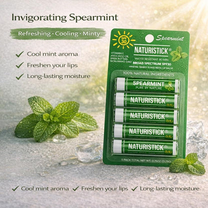 Naturistick SPF 30 Vegan Lip Balm – Mineral Zinc Oxide, 5-Pack Spearmint