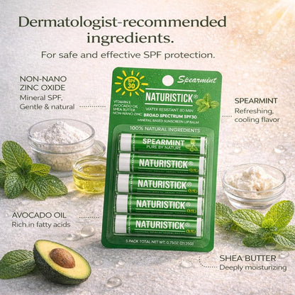 Naturistick SPF 30 Vegan Lip Balm – Mineral Zinc Oxide, 5-Pack Spearmint