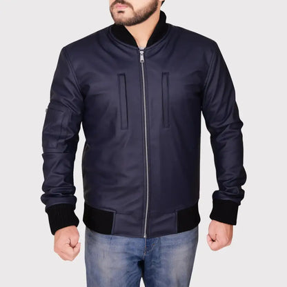 Men's Navy Blue Leather Varsity Jacket