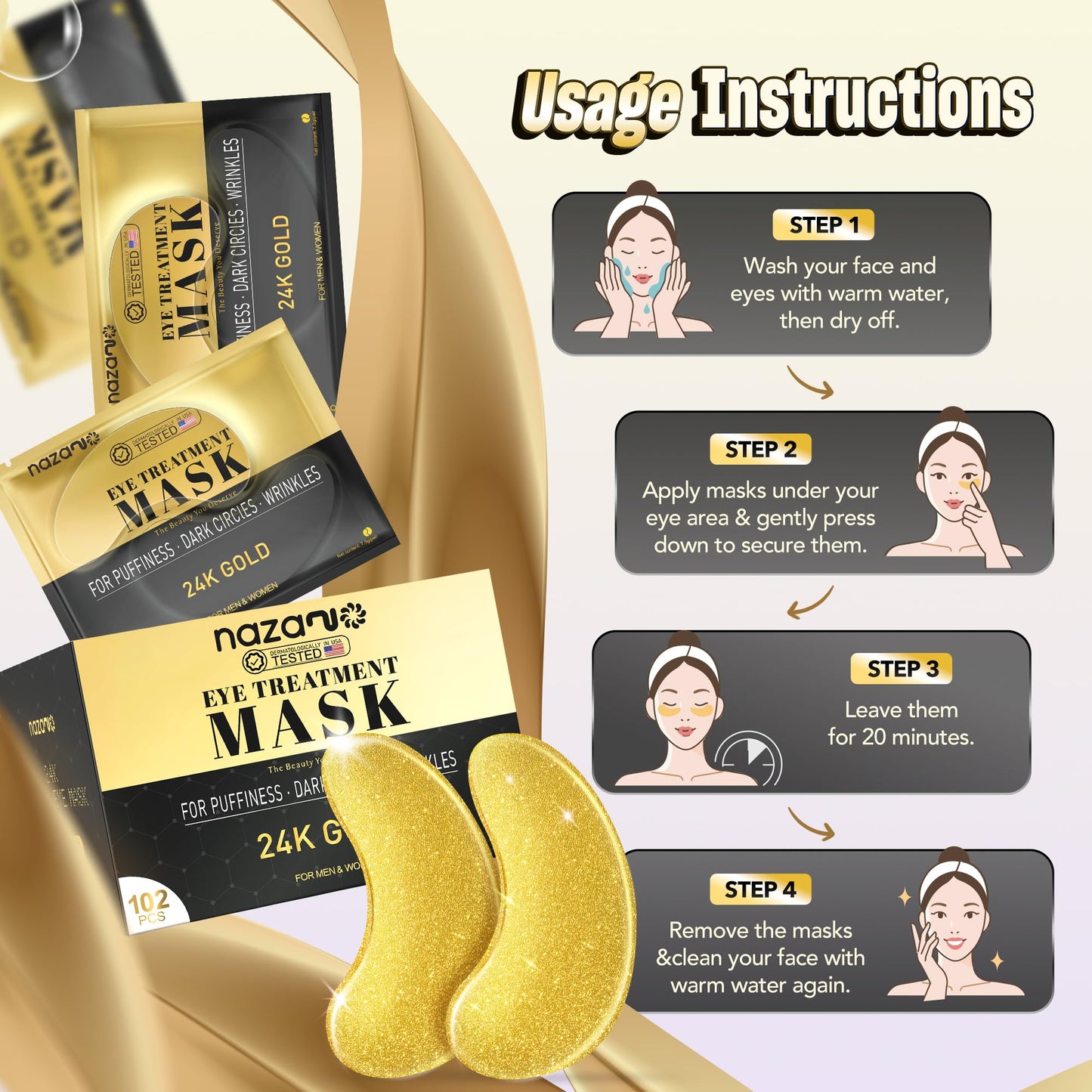 NAZANO 102 Pcs 24K Gold Under Eye Patches with Hyaluronic Acid – Hydrating Eye Care Pads