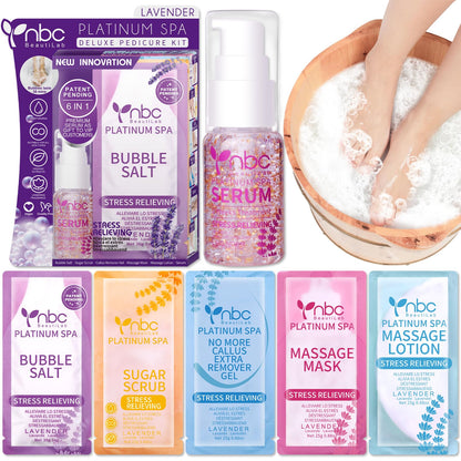 NBC BeautiLab Pedicure Kit Foot Spa Set – Lavender 6-Piece Foot Care: Bubble Salt, Sugar Scrub, Massage Mask & Lotion