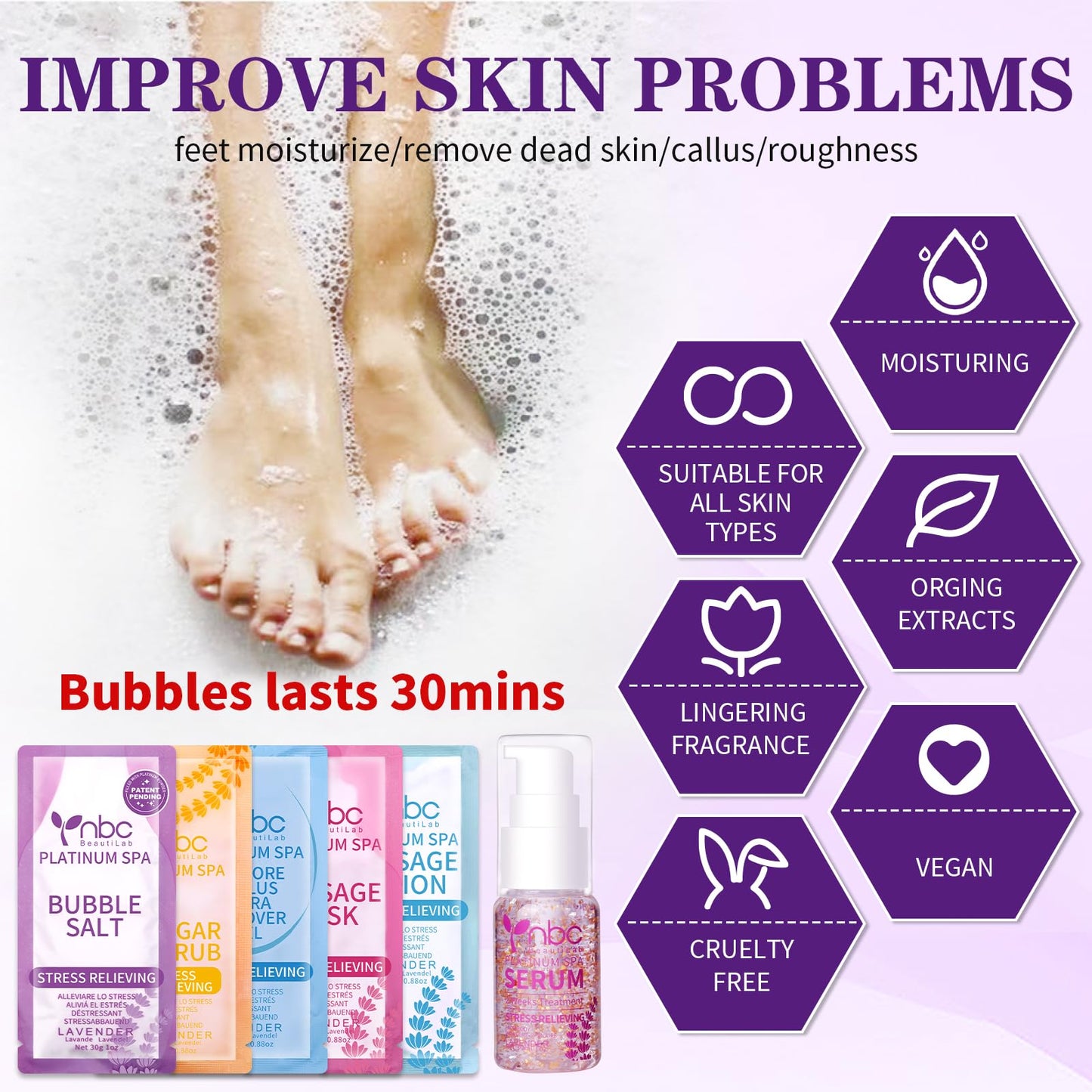 NBC BeautiLab Pedicure Kit Foot Spa Set – Lavender 6-Piece Foot Care: Bubble Salt, Sugar Scrub, Massage Mask & Lotion